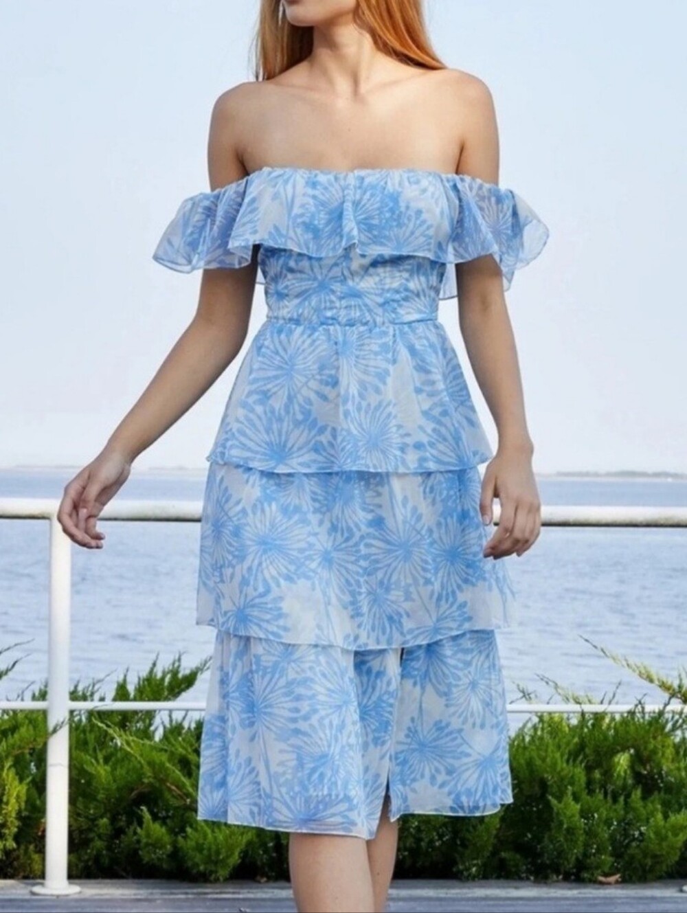 Amanda Uprichard XS Off-Shoulder Blue Floral Tiered Midi Dress